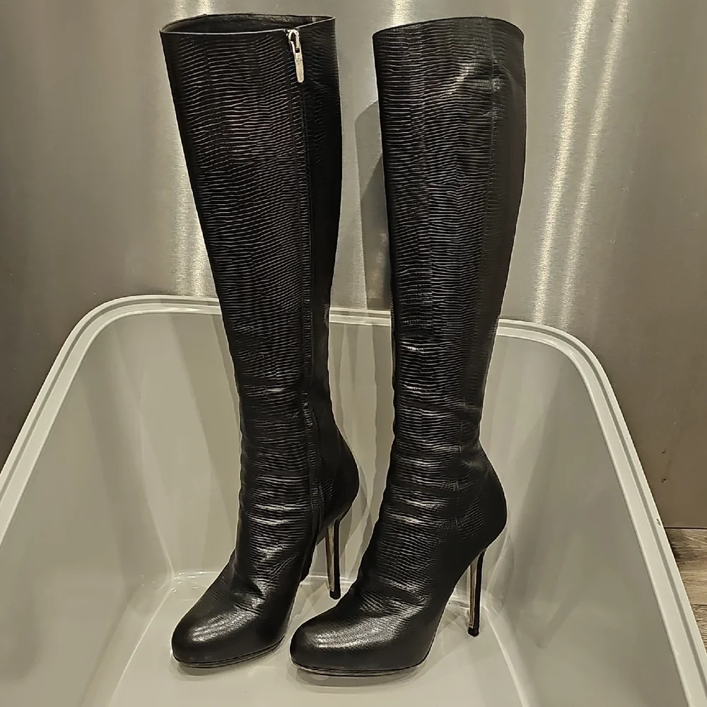 [Like New] Stunning SERGIO ROSSI Black Lizard Knee Boots Sexy (EU 37)